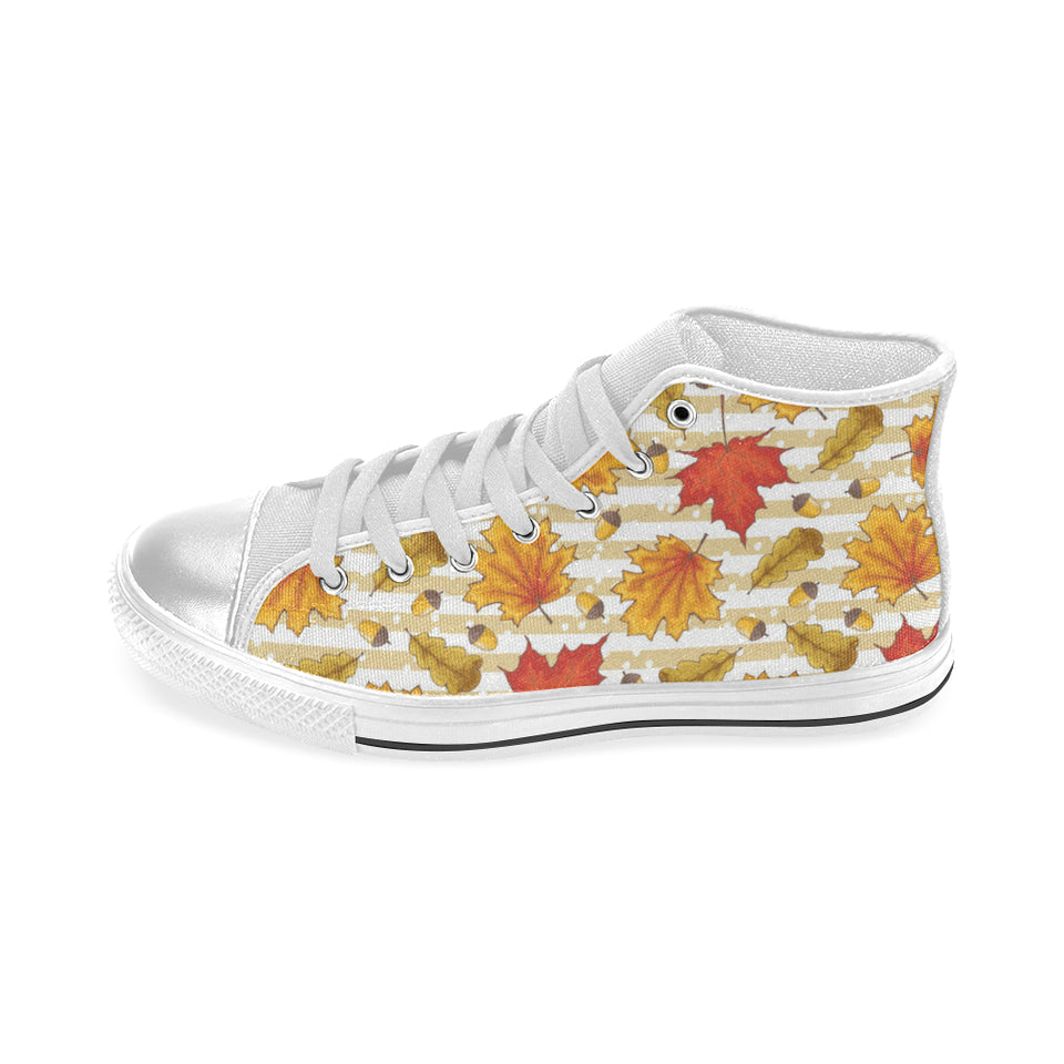 Maple leaf oak leaf acorns beige striped backgroun Women's High Top Canvas Shoes White