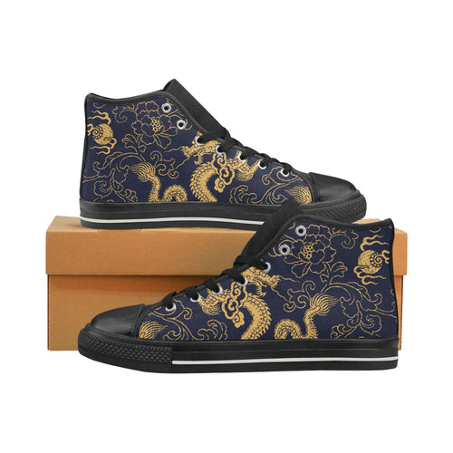Gold dragon pattern Women's High Top Canvas Shoes Black