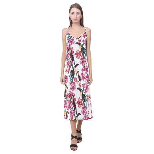 Toucan flower design pattern V-Neck Open Fork Long Dress