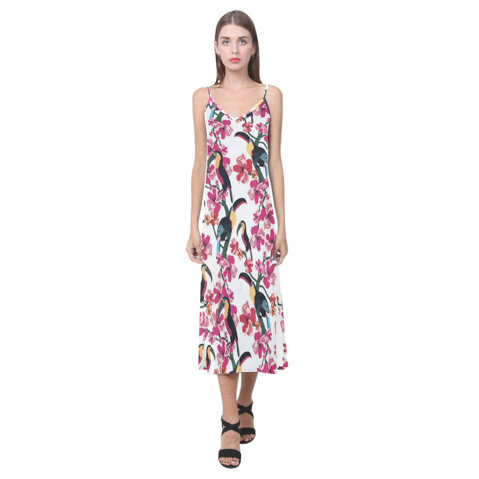 Toucan flower design pattern V-Neck Open Fork Long Dress
