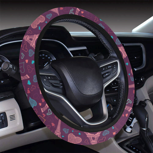 Eiffel Tower Heart Pattern Print Design 04 Car Steering Wheel Cover