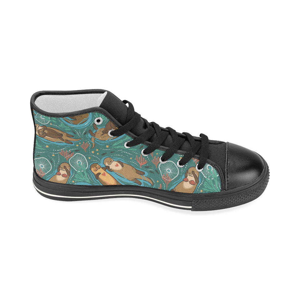 cute brown sea otters ornamental seaweed corals gr Women's High Top Canvas Shoes Black