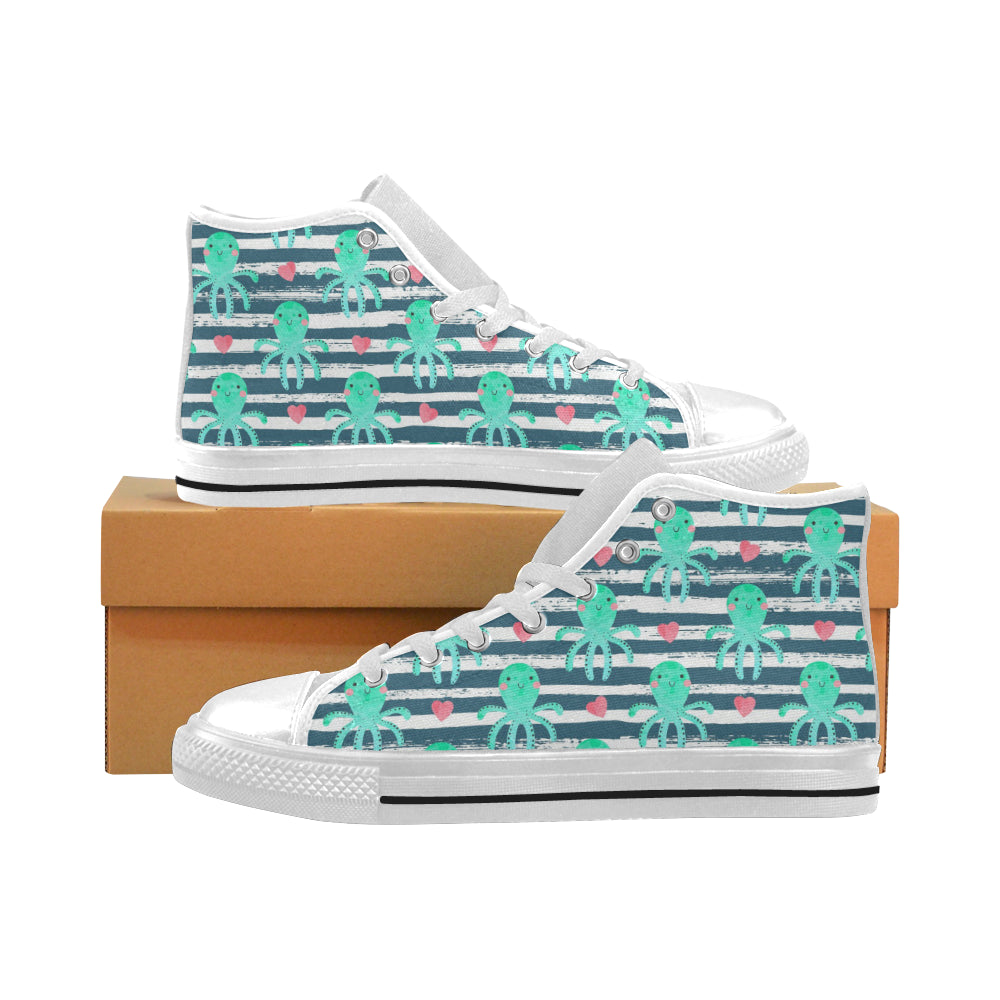 Cute octopuses heart striped background Men's High Top Canvas Shoes White