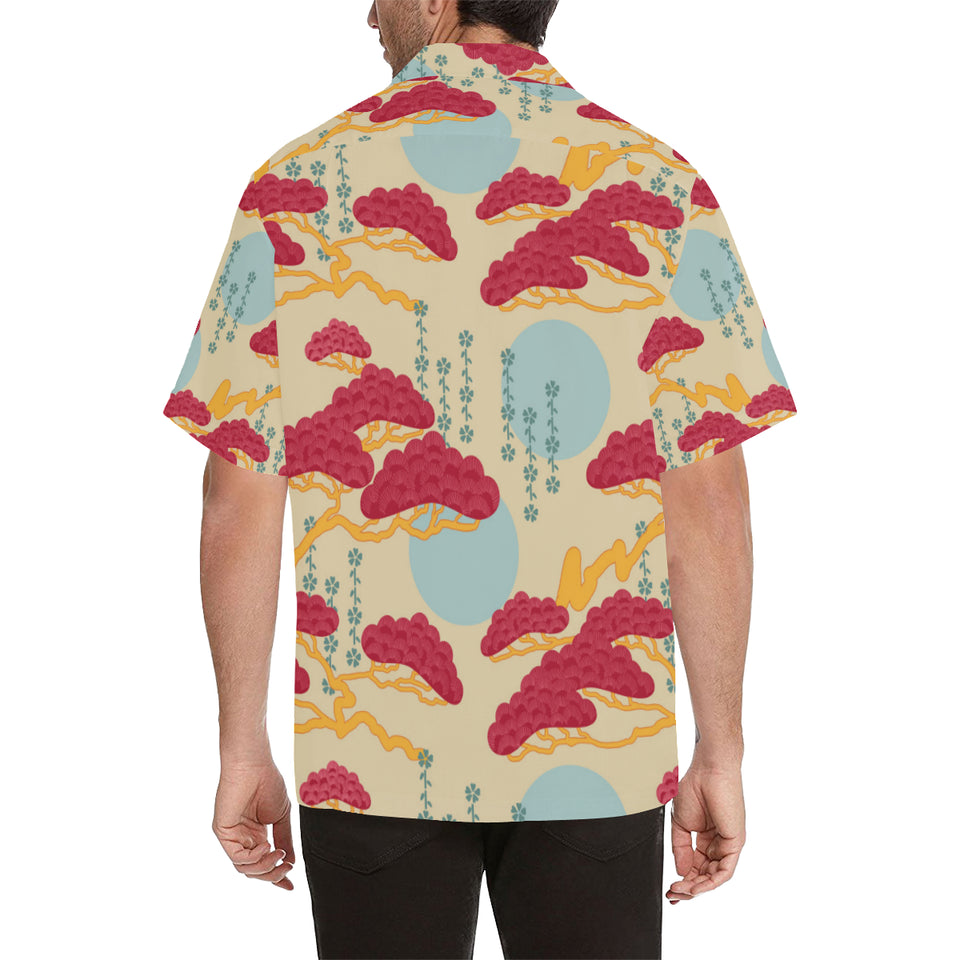 Red Bonsai gray sun japanese pattern Men's All Over Print Hawaiian Shirt