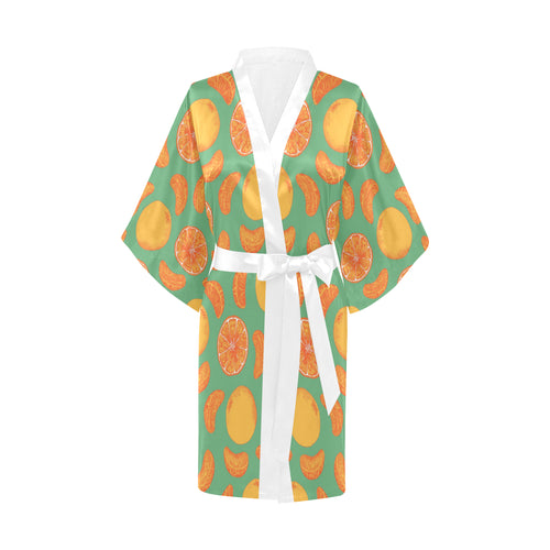 orange fruit pattern green background Women's Short Kimono Robe