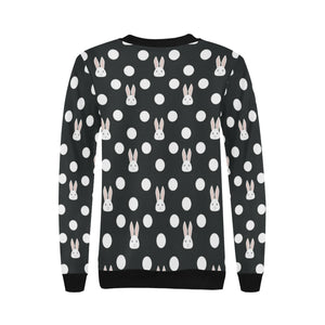 Cute white rabbit polka dots black background Women's Crew Neck Sweatshirt