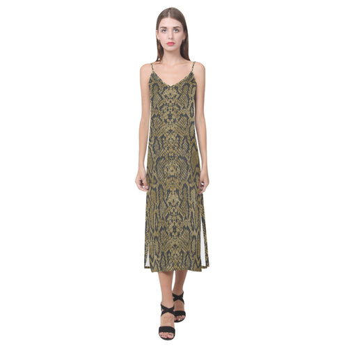 Snake skin pattern V-Neck Open Fork Long Dress