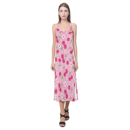 cherry flower pattern pink background V-Neck Open Fork Long Dress
