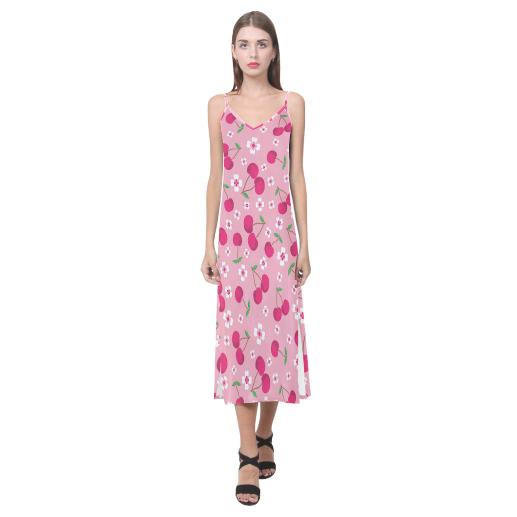 cherry flower pattern pink background V-Neck Open Fork Long Dress
