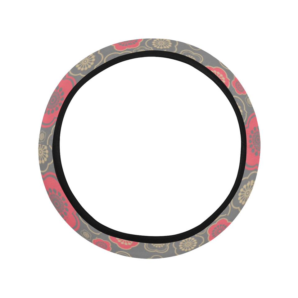 Red gold Sakura cherry blossom gray background Car Steering Wheel Cover