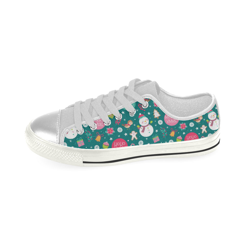 Snowman bird decorative elements christmas pattern Women's Low Top Canvas Shoes White