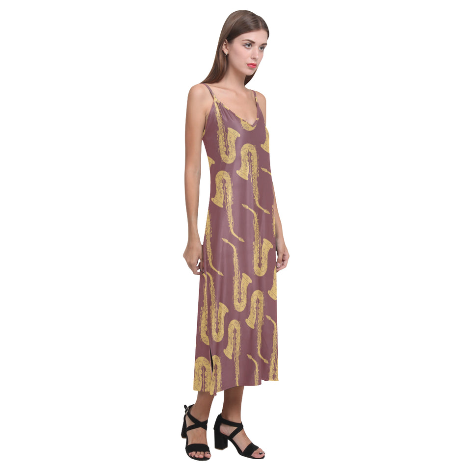 Hand drawn gold saxophone red background V-Neck Open Fork Long Dress
