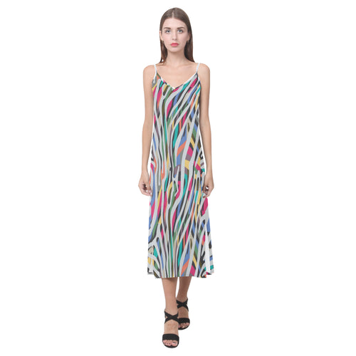 Colorful zebra skin pattern V-Neck Open Fork Long Dress