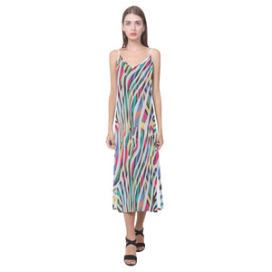 Colorful zebra skin pattern V-Neck Open Fork Long Dress