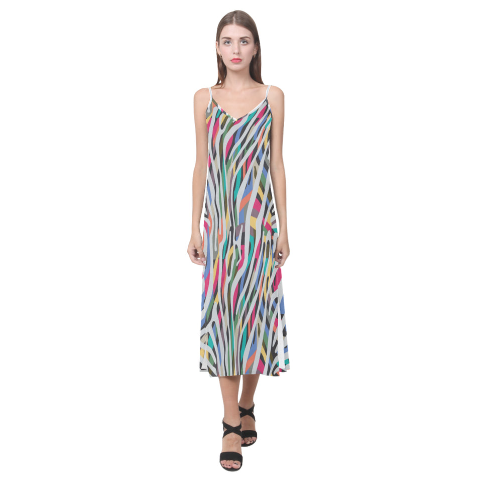 Colorful zebra skin pattern V-Neck Open Fork Long Dress