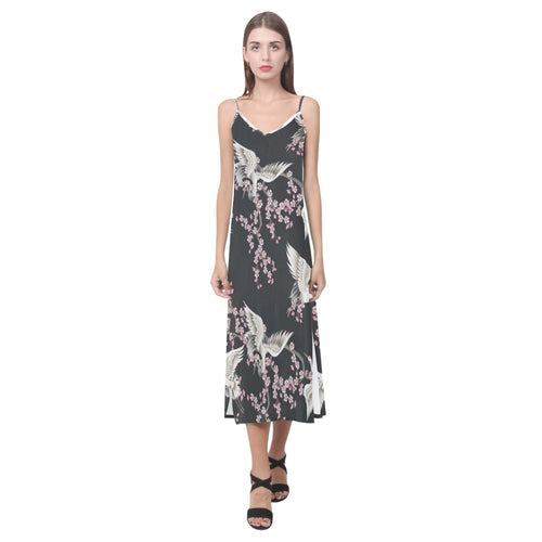 Japanese crane pink sakura pattern V-Neck Open Fork Long Dress