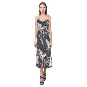 Japanese crane pink sakura pattern V-Neck Open Fork Long Dress