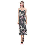 Japanese crane pink sakura pattern V-Neck Open Fork Long Dress