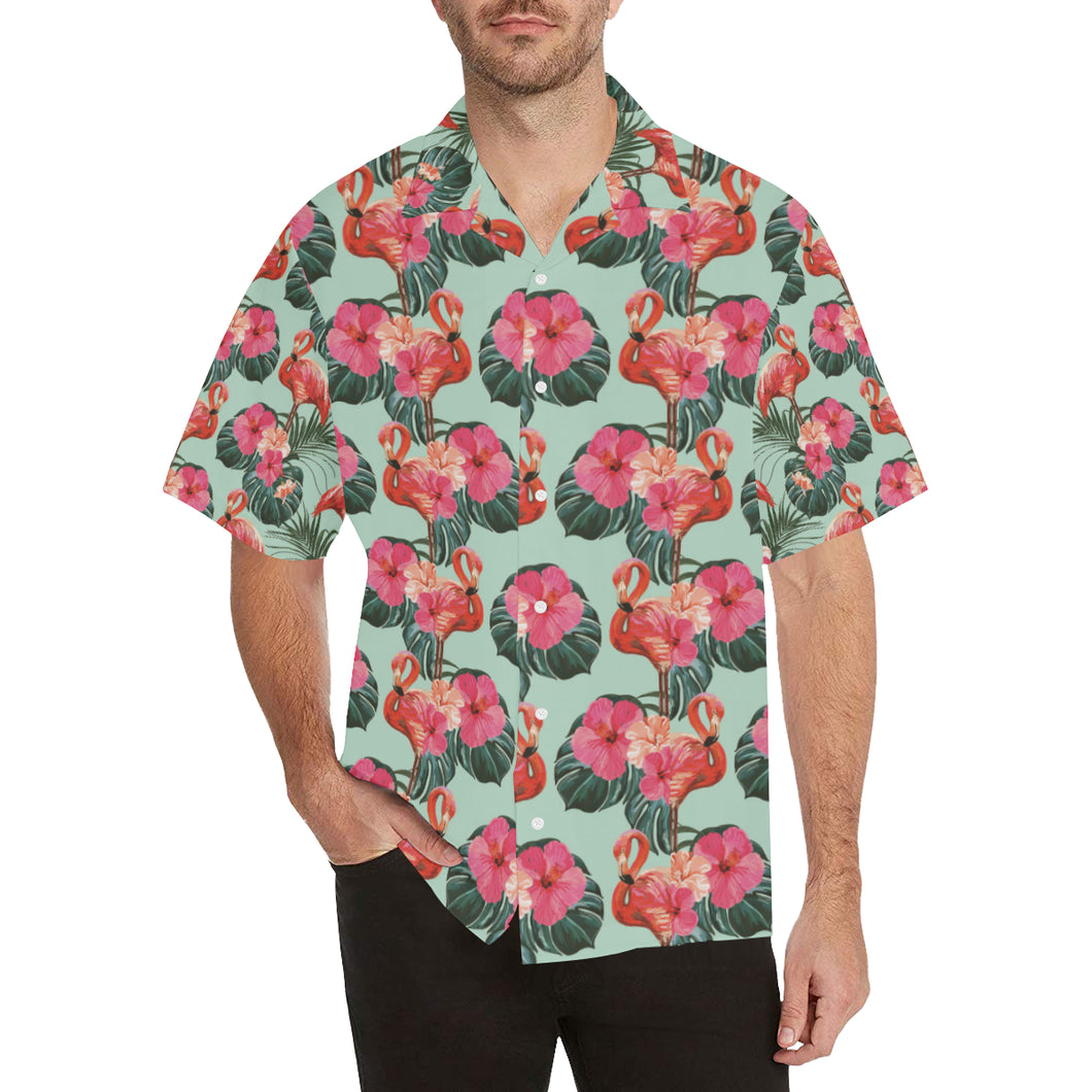 Beautiful flamingo tropical palm leaves hibiscus p Men's All Over Print Hawaiian Shirt