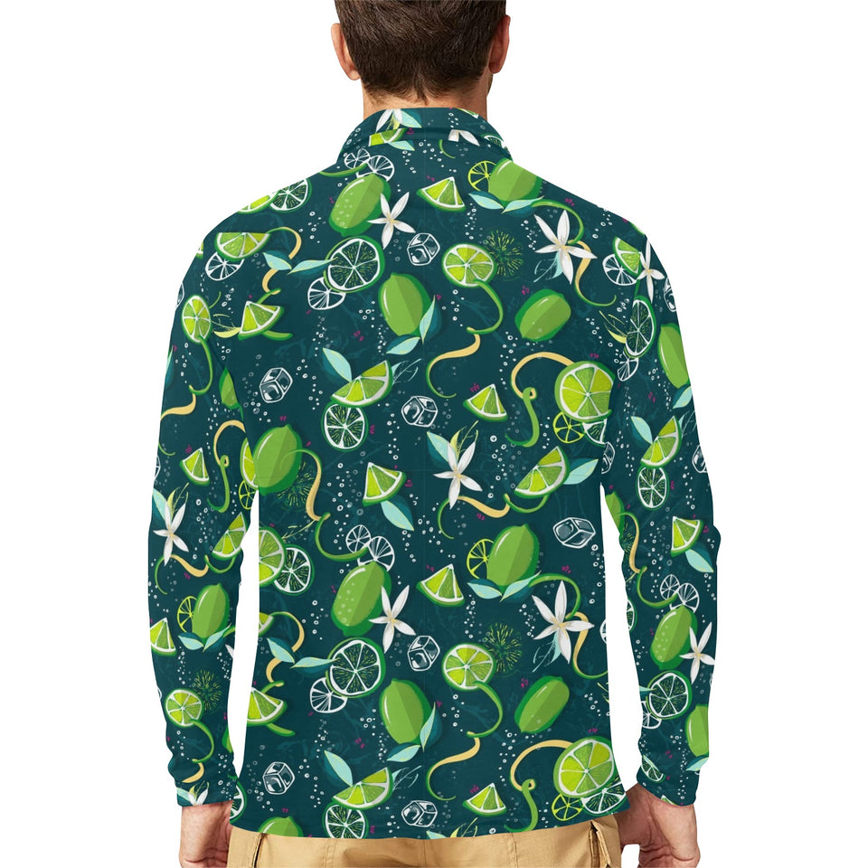 Lime ice flower pattern Men's Long Sleeve Polo Shirt