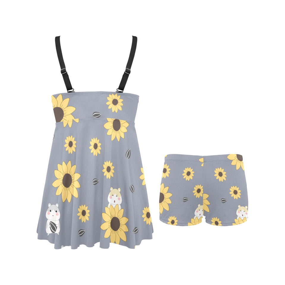 Cute hamster sunflower pattern background Chest Sexy Pleated Two Piece Swim Dress