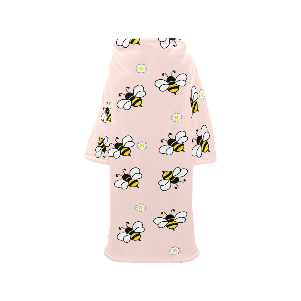 Cute bee flower pattern pink background Blanket Robe with Sleeves