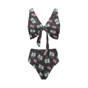 Camera Pattern Print Design 04 Chest Bowknot High Waisted Bikini Swimsuit