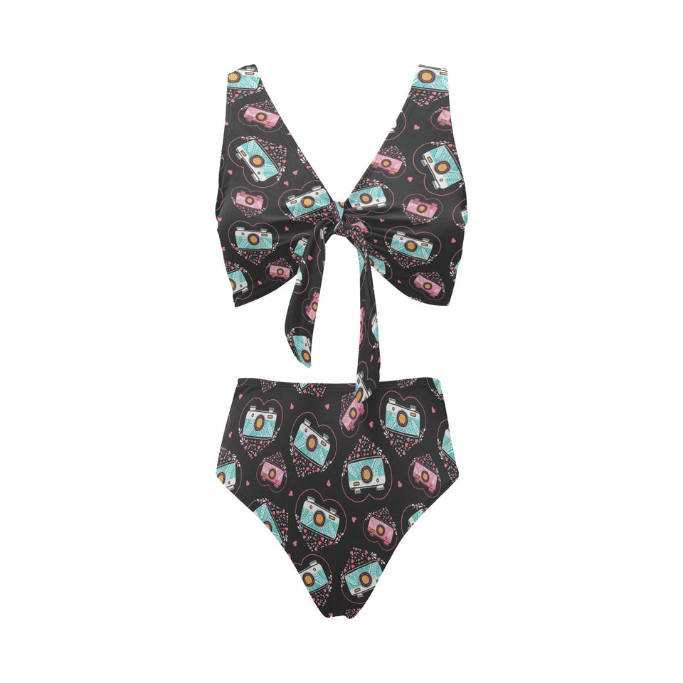 Camera Pattern Print Design 04 Chest Bowknot High Waisted Bikini Swimsuit