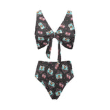 Camera Pattern Print Design 04 Chest Bowknot High Waisted Bikini Swimsuit