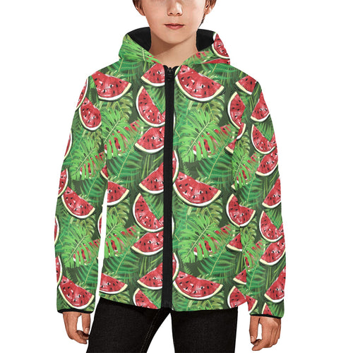 Watermelons tropical palm leaves pattern backgroun Kids' Boys' Girls' Padded Hooded Jacket