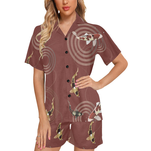 Koi Fish Carp Fish red background Women's V-Neck Short Pajama Set