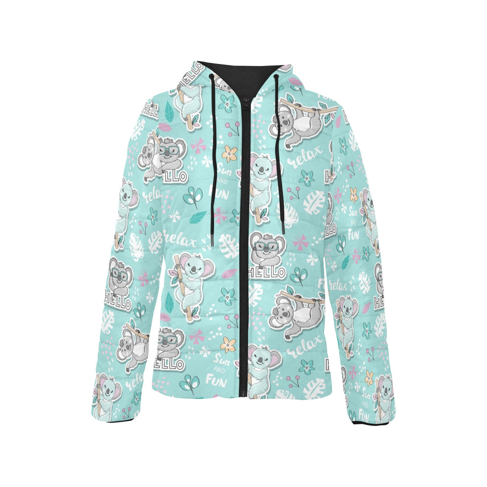 Cute koalas blue background pattern Women's Padded Hooded Jacket