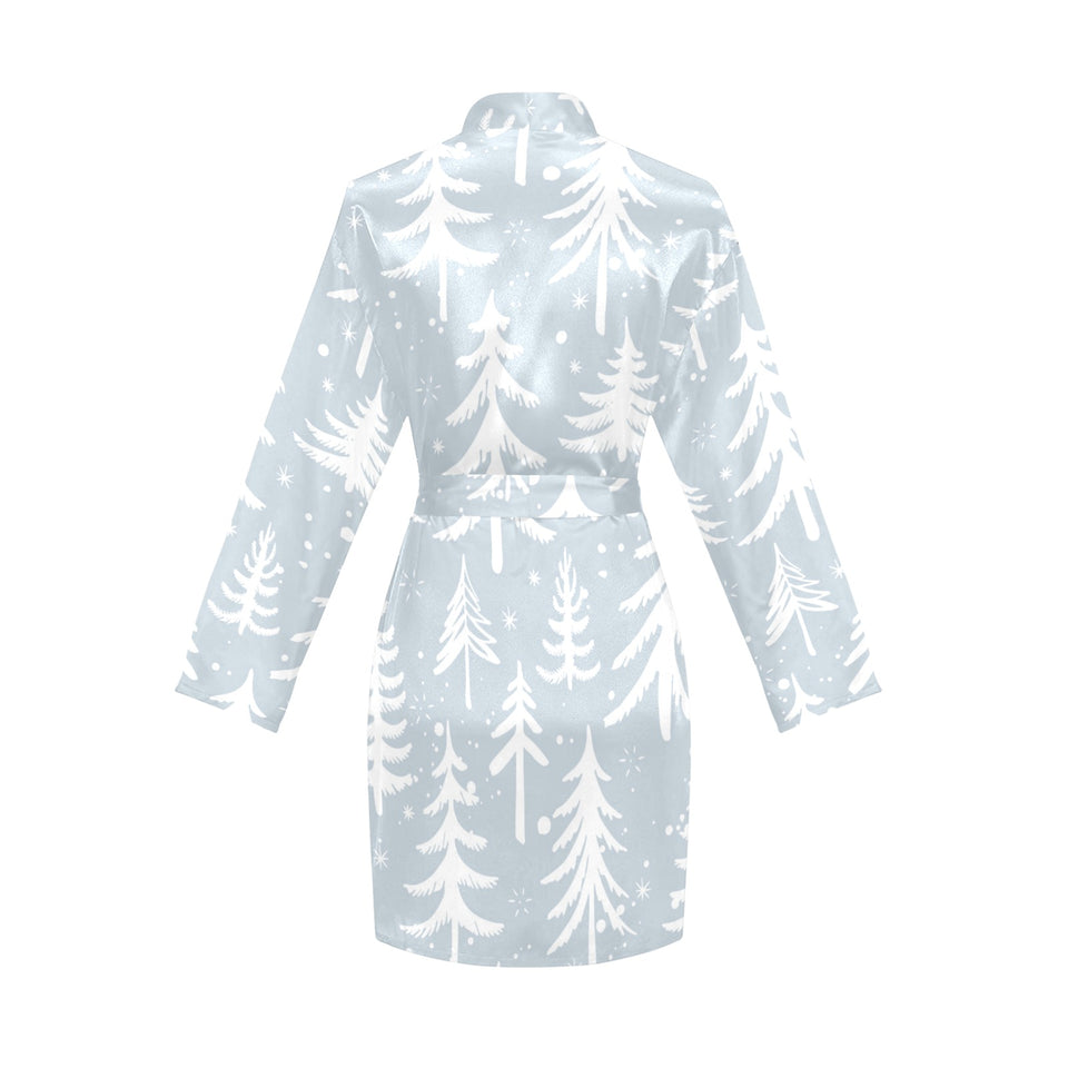 Christmas tree winter forest pattern Women's Long Sleeve Belted Night Robe