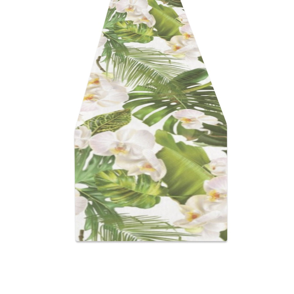 White orchid flower tropical leaves pattern Table Runner