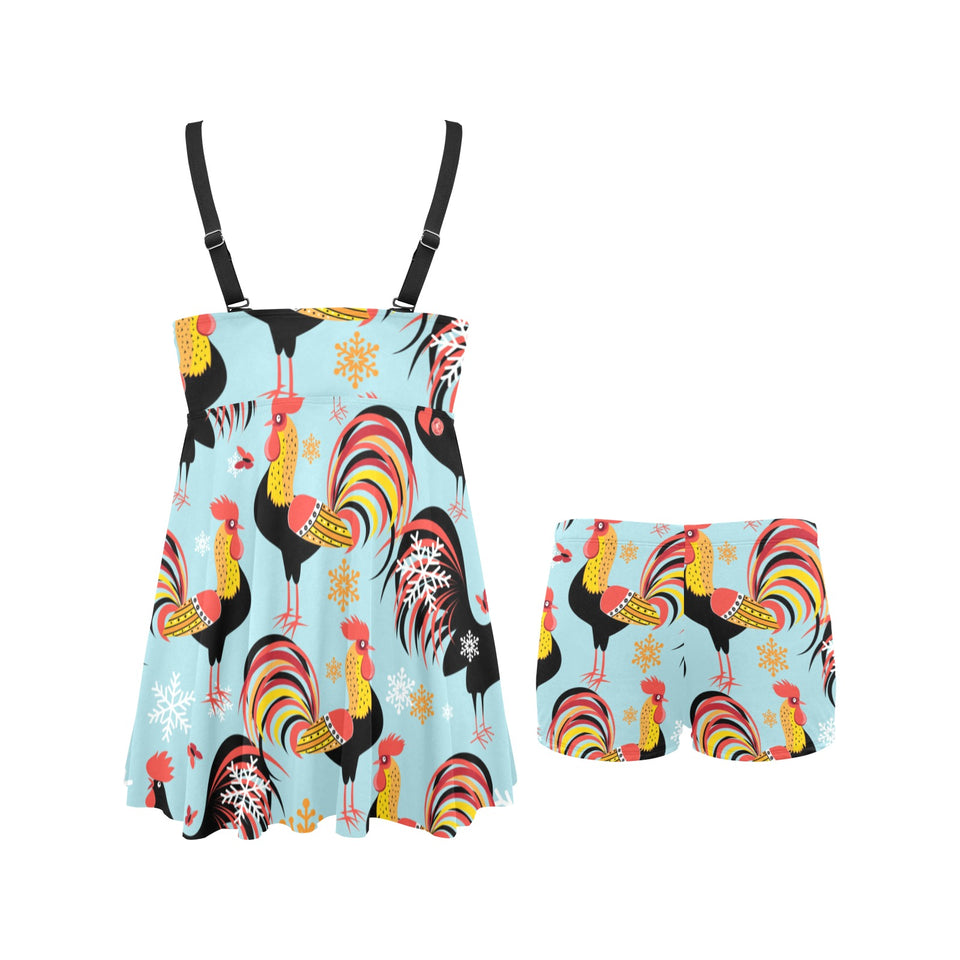 Rooster chicken cock snowfalke Chest Sexy Pleated Two Piece Swim Dress