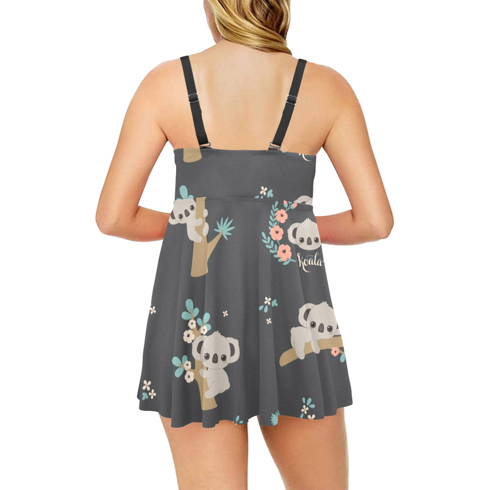 Cute koala pattern Chest Sexy Pleated Two Piece Swim Dress