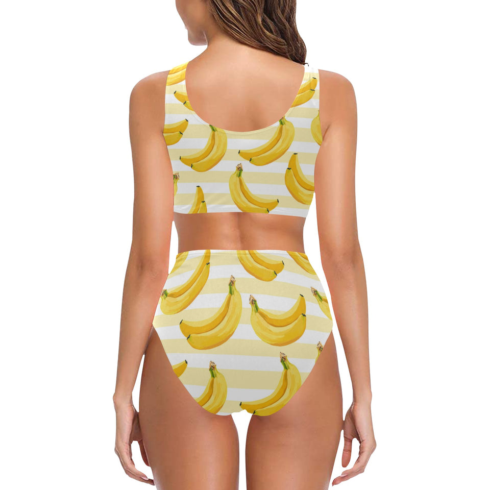 Banana pattern blackground Chest Bowknot High Waisted Bikini Swimsuit