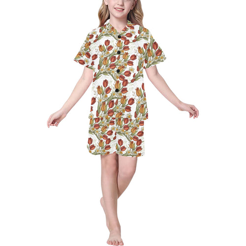 Red tulips and daffodils pattern Kids' Boys' Girls' V-Neck Short Pajama Set