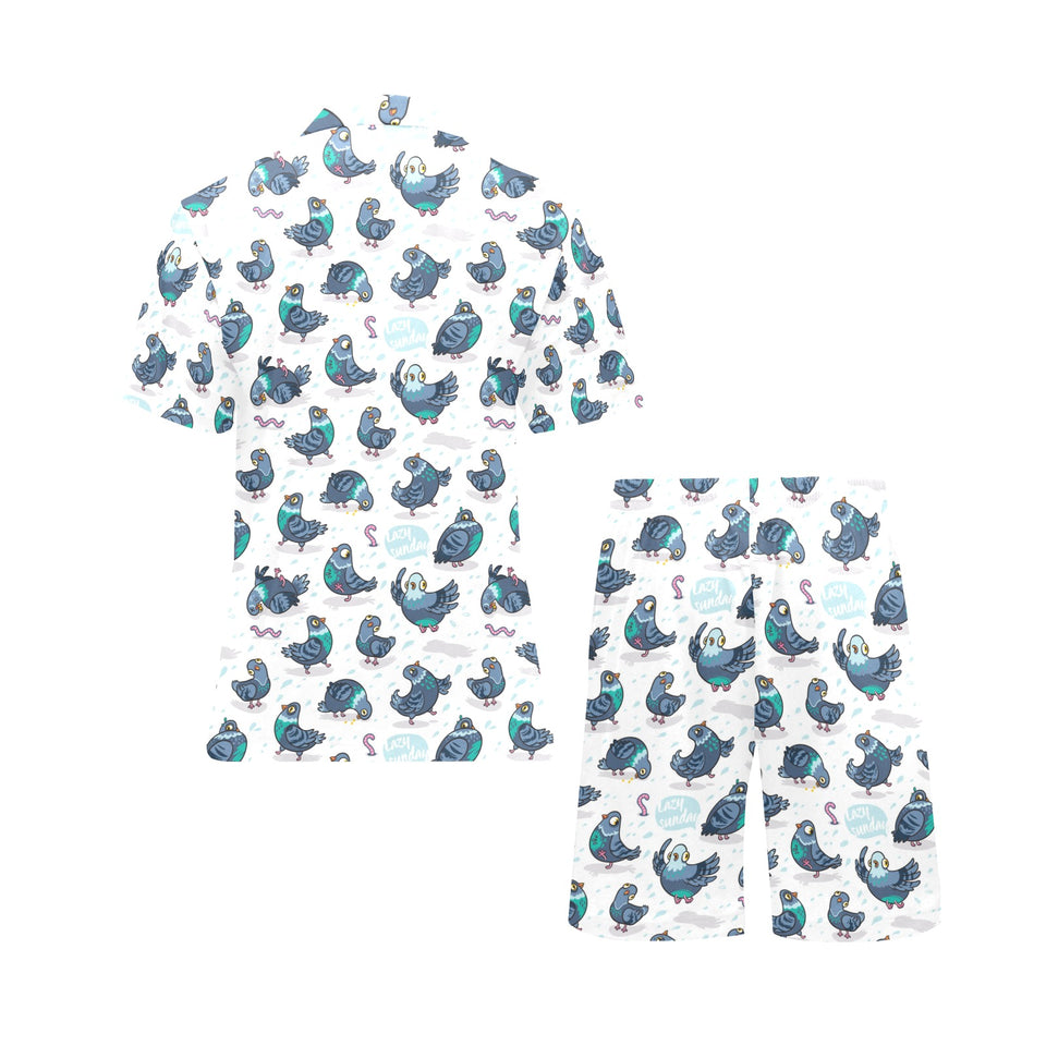 Pigeon Pattern Print Design 02 Men's V-Neck Short Pajama Set