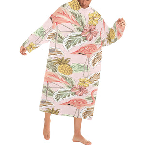 Pink flamingo birds pineapples hibiscus flower pat Blanket Robe with Sleeves