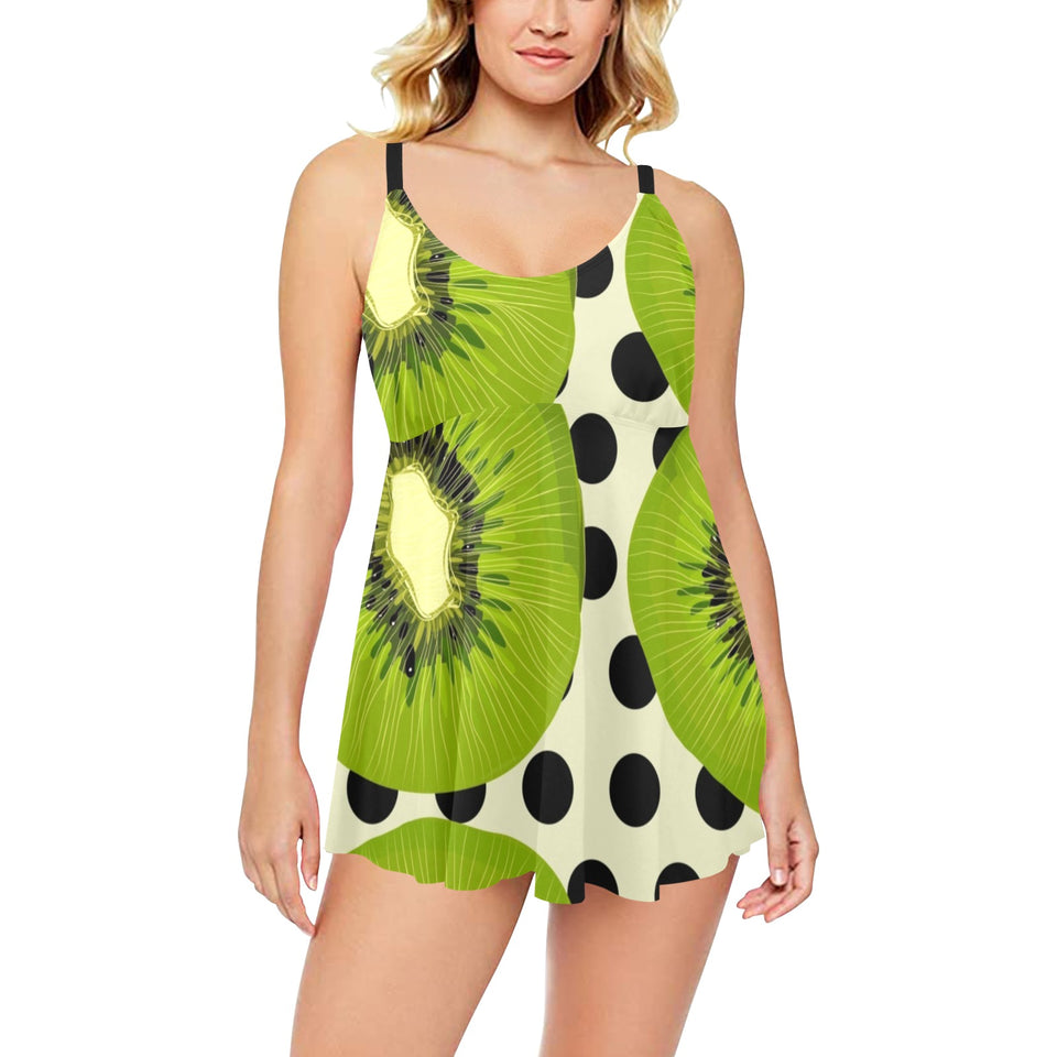 kiwi black dot background Chest Sexy Pleated Two Piece Swim Dress