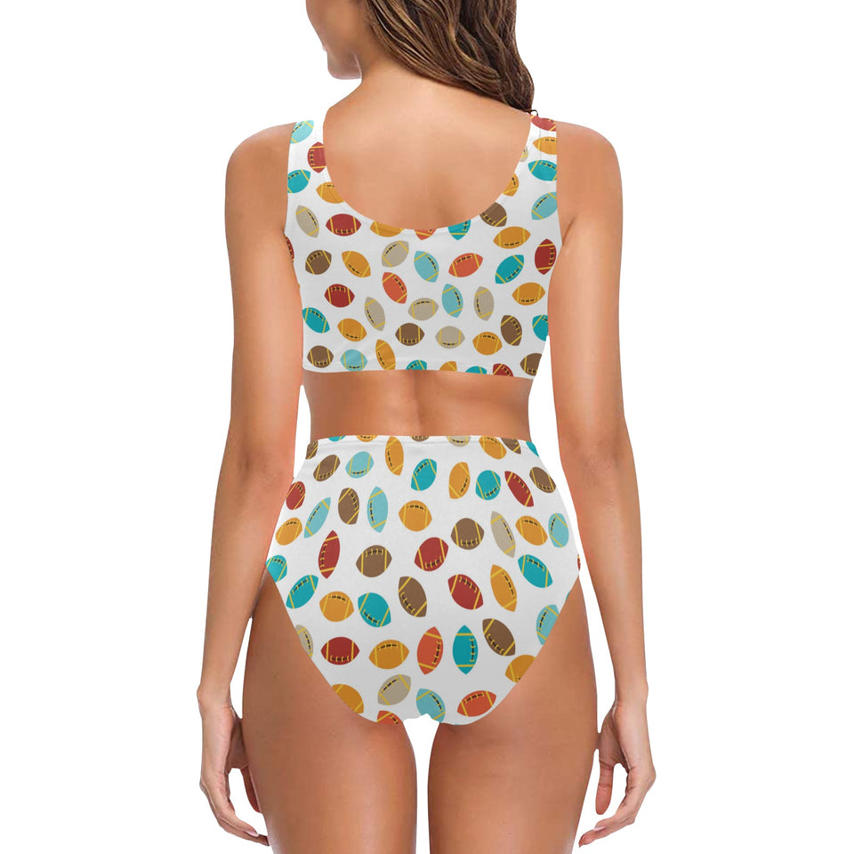 Colorful american football ball pattern Chest Bowknot High Waisted Bikini Swimsuit