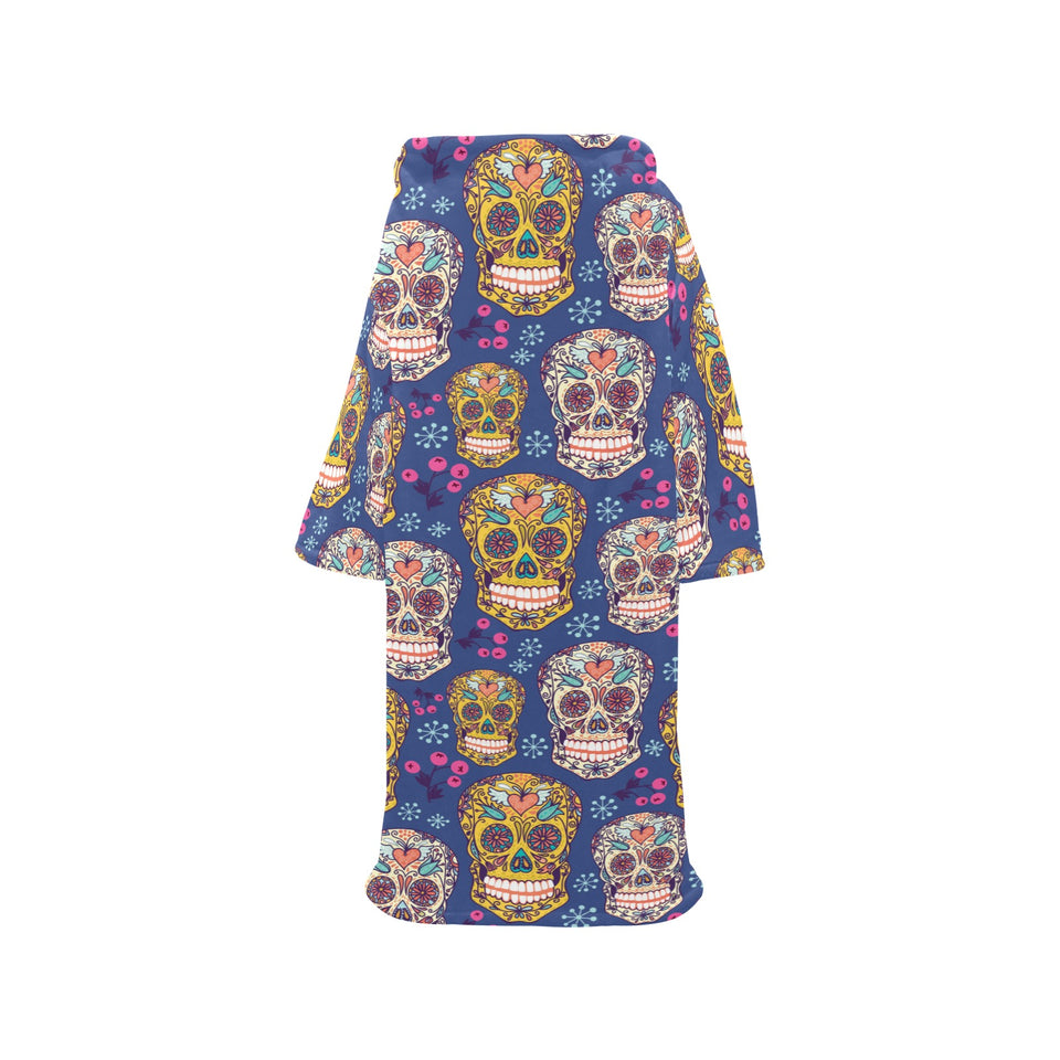 Sugar skull flower pattern Blanket Robe with Sleeves