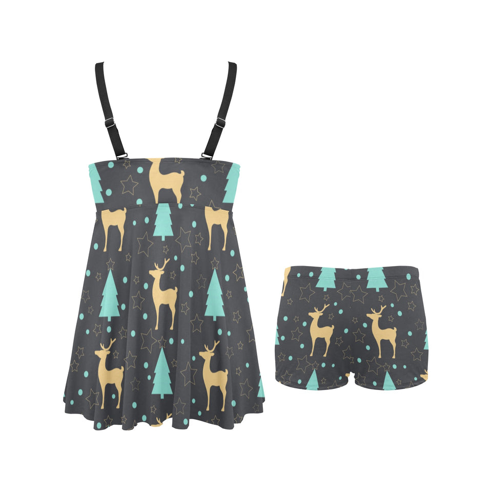 Deers star tree pattern Chest Sexy Pleated Two Piece Swim Dress