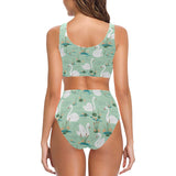White swan lake pattern Chest Bowknot High Waisted Bikini Swimsuit