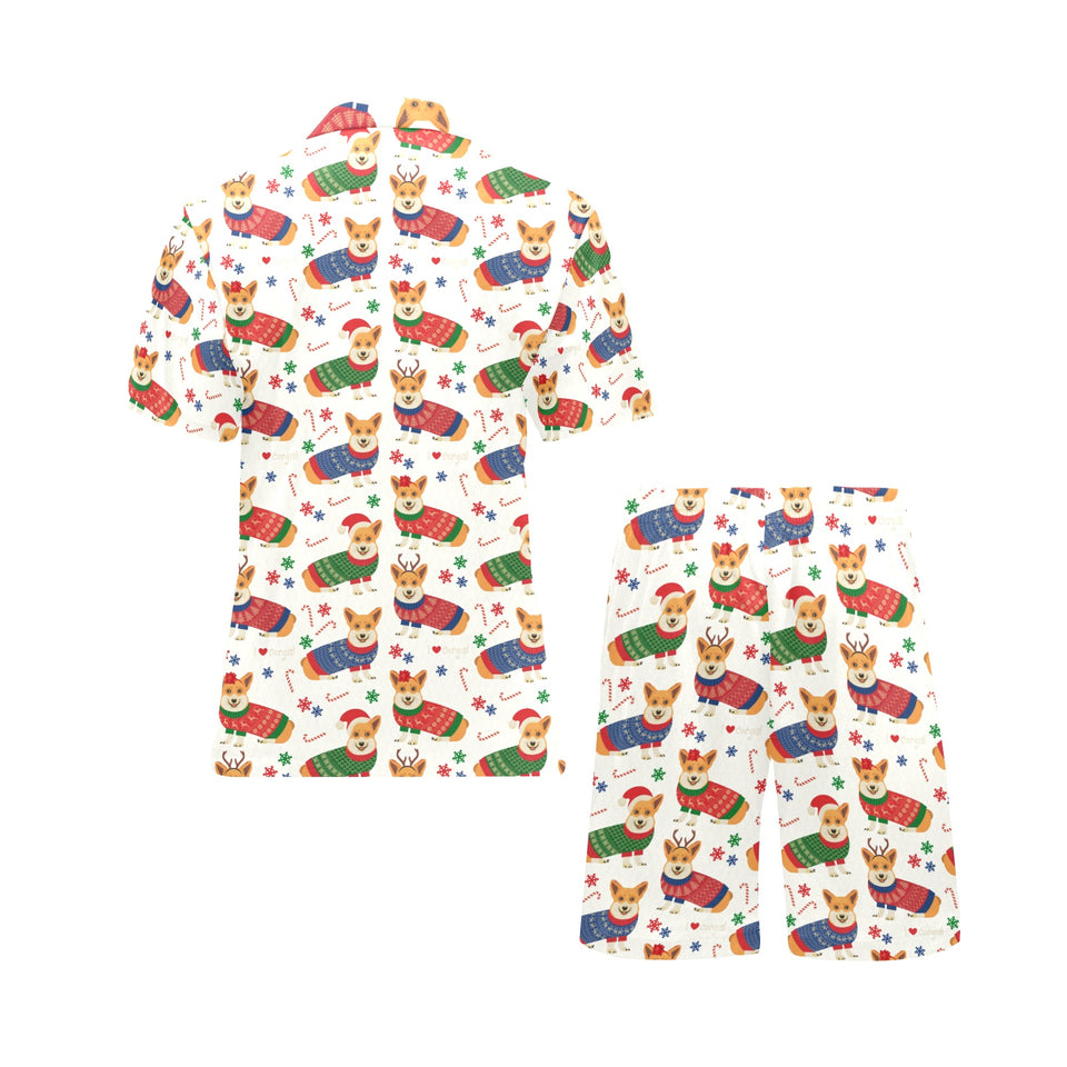 Corgi Christmas Pattern Men's V-Neck Short Pajama Set
