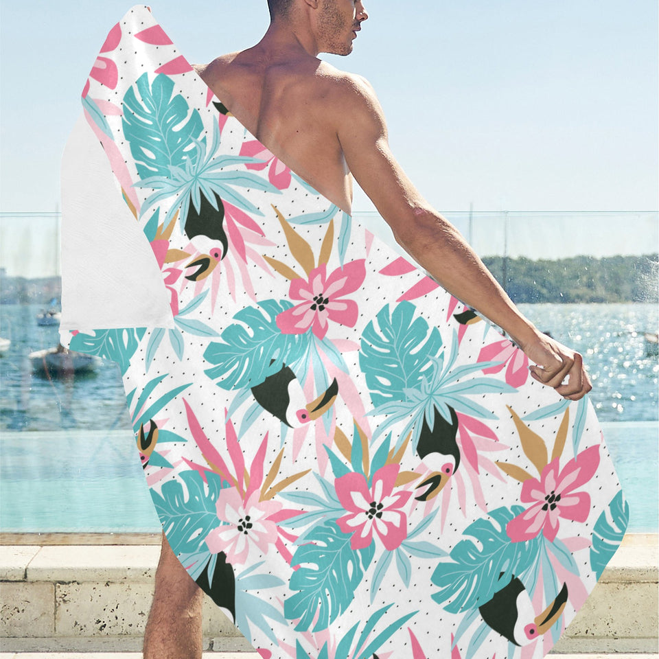Toucan tropical flower leave pattern Beach Towel