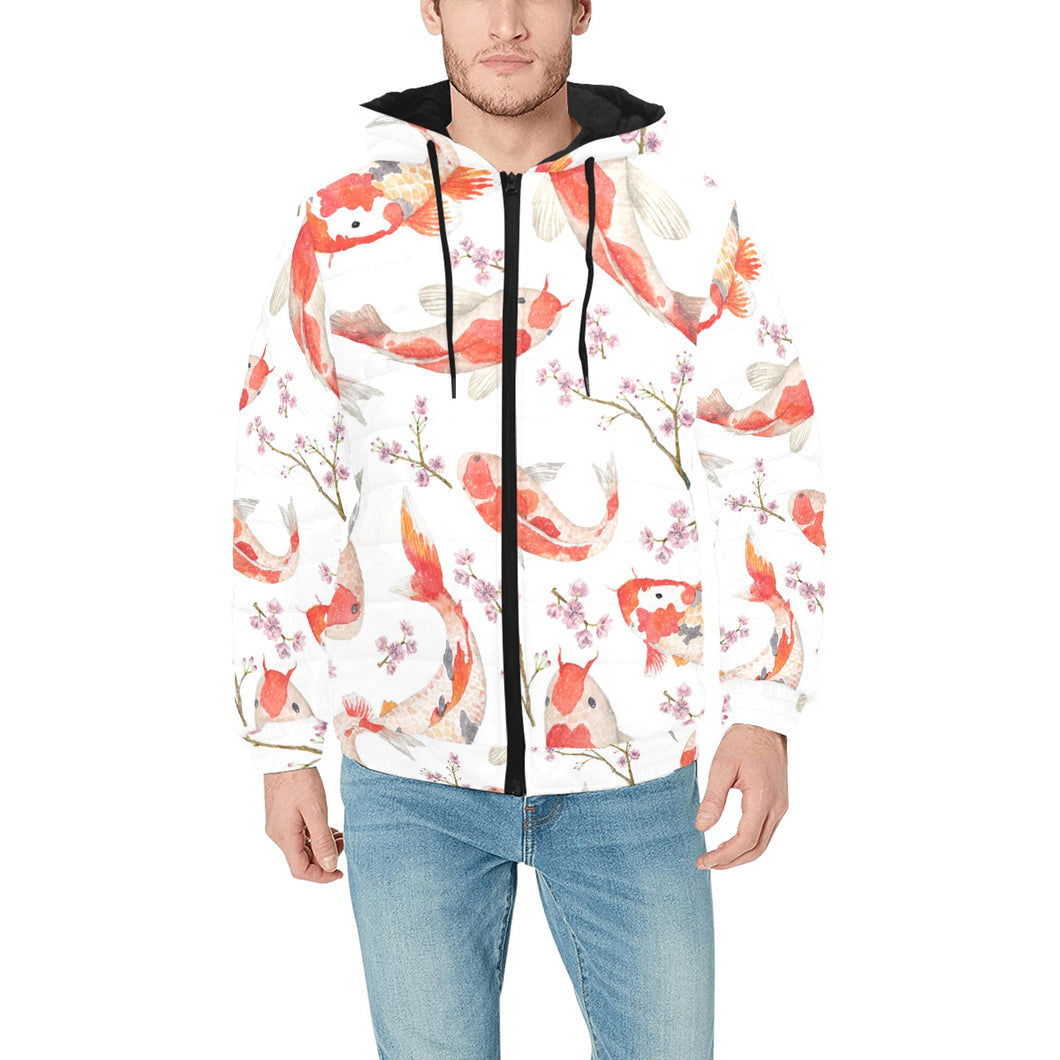 Watercolor Koi Fish Carp Fish pattern Men's Padded Hooded Jacket