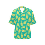 Pineapples pattern green background Women's All Over Print Hawaiian Shirt