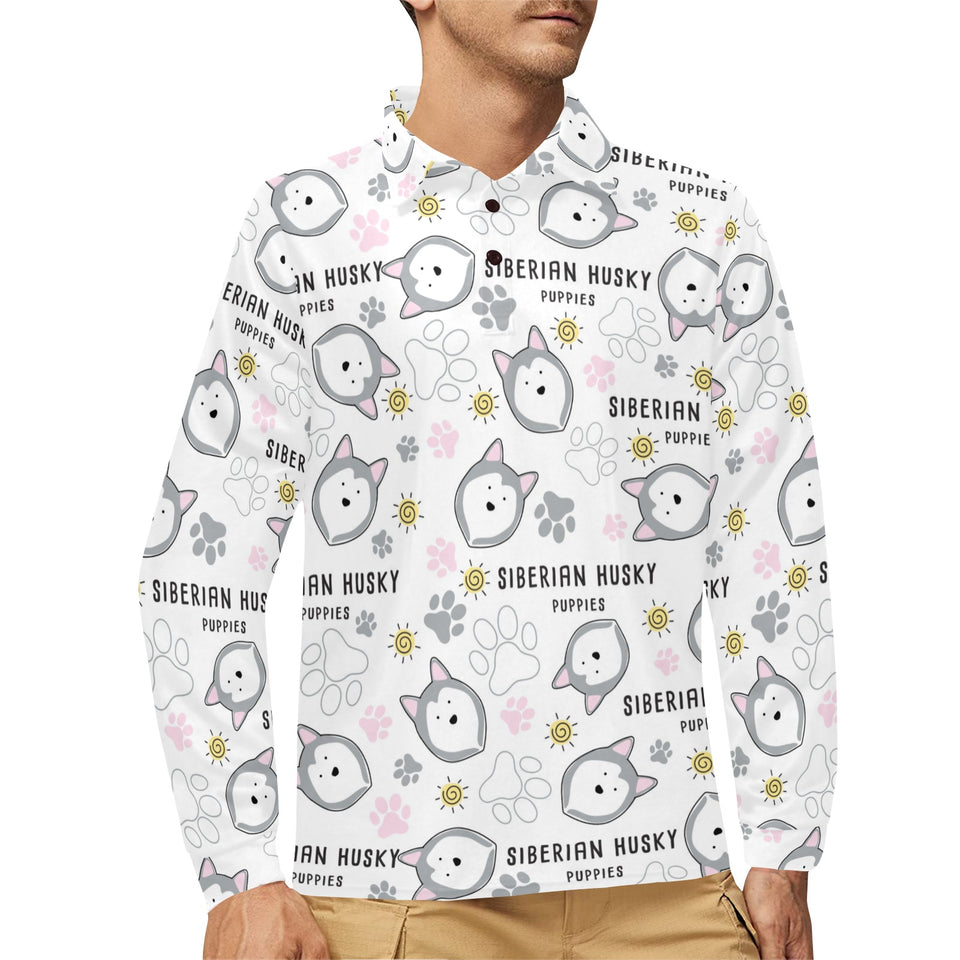 Siberian Husky design pattern Men's Long Sleeve Polo Shirt